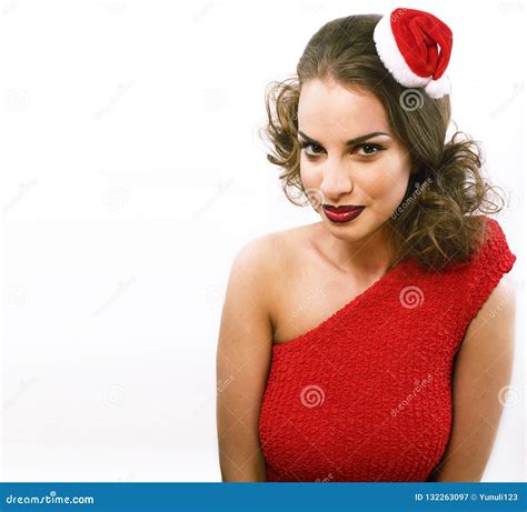 Young Pretty Happy Smiling Brunette Woman On Christmas In Santas Stock Image Image Of Pretty