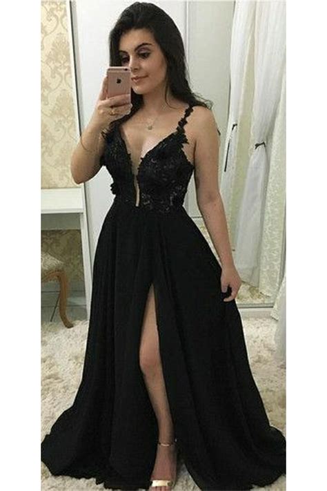 A Line Beaded Lace Chiffon Long Black Prom Dresses Formal Evening