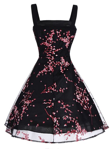 Retro Floral Print Bowknot Flare Dress Black M In Vintage Dresses