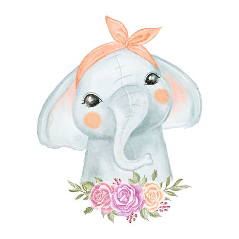 Bebé Elefante Lindo Con Guirnalda De Flores Ilustración Acuarela Png