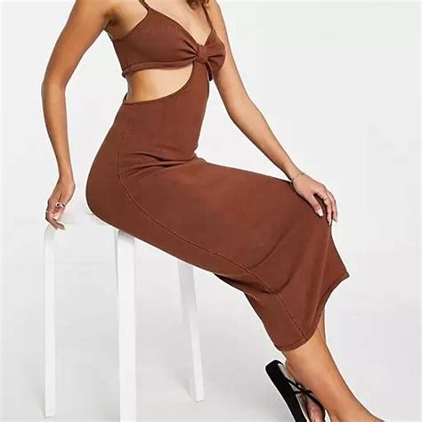 ASOS DESIGN Midi Dress With Cut Out Detail In Brown Depop