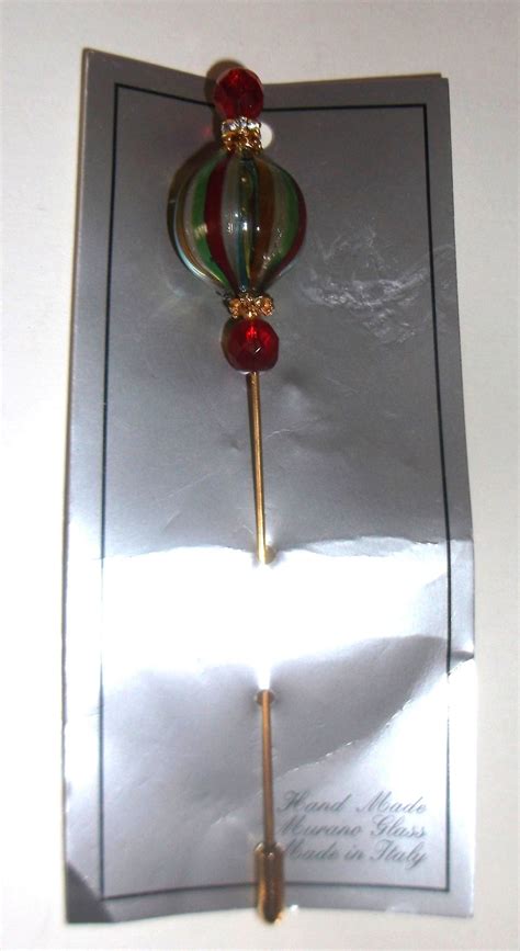 Handmade Murano Glass Hat Stick Pin Made In Italy Red Gold Whit Stripes