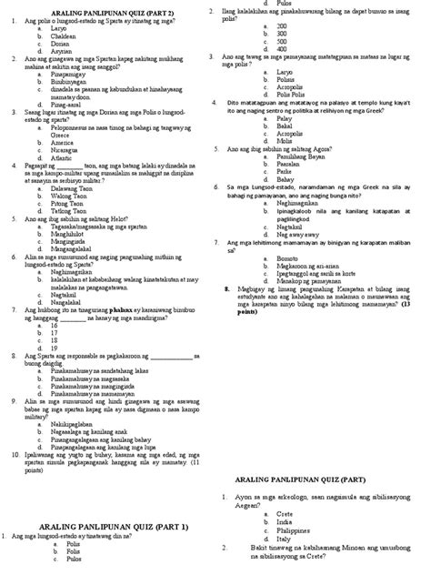 Araling Panlipunan Quiz Pdf