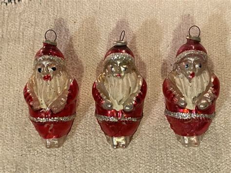 3 Vintage Mercury Glass Santa Claus Hand Painted Glitter Christmas
