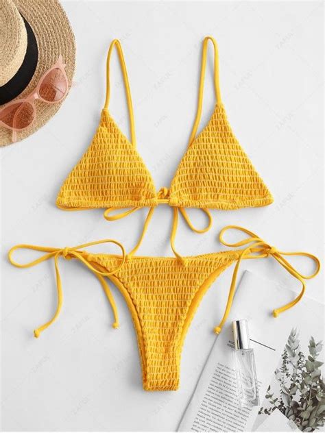 44 Off Popular 2020 Zaful Smocked Low Waisted String Bikini Swimsuit In Bee Yellow Zaful