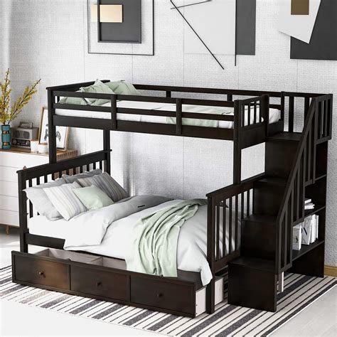 Buy Merax Solid Wood Twin Over Full Stairway Bunk Bed With Drawers