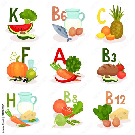 Food Sources Of Different Vitamins Healthy Nutrition And Diet Theme