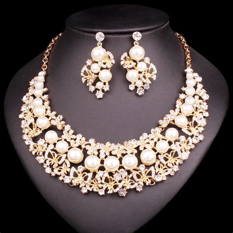 luxury imitation pearl africa jewelry sets for bride bridesmad wedding gold color jewellery
