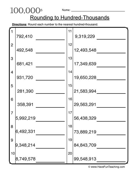 Rounding Numbers Worksheets Hundred Thousands