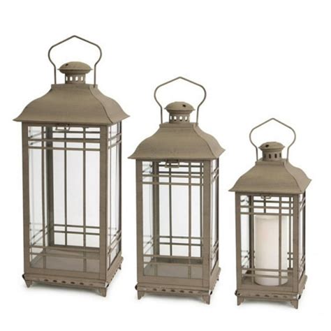 Set Of 3 Antique Mission Style Glass Pillar Candle Lanterns 20