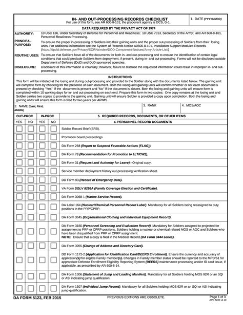 Da Form 5123 In And Out Processing Records Checklist Forms Docs
