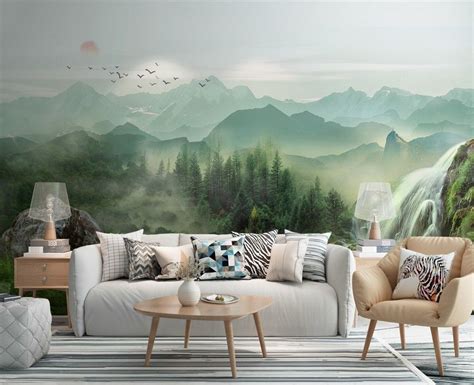 Waterfall With Misty Green Forest Landscape Wallpaper Mural Wall