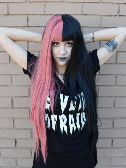 Wash that out and buy a bright hair dye like fudge. Half Pink half black rainbow Wavy Synthetic Lace Front Wig ...