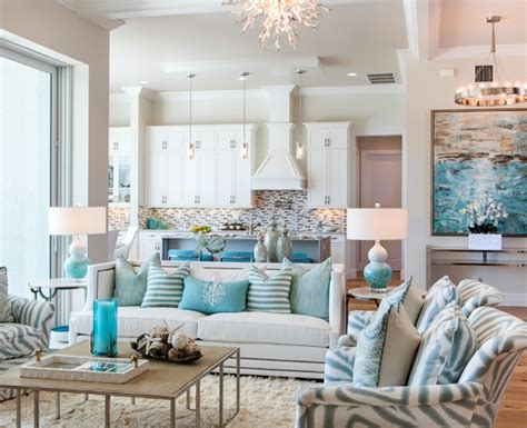 Chic Coastal Living Room In White Aqua And Gray