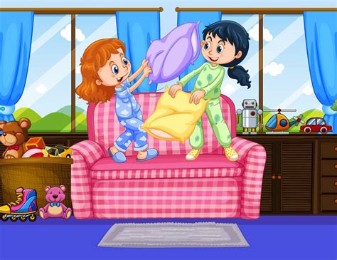 Two Girls In Pajamas Playing Pillow Fight In Room 433856 Vector Art At