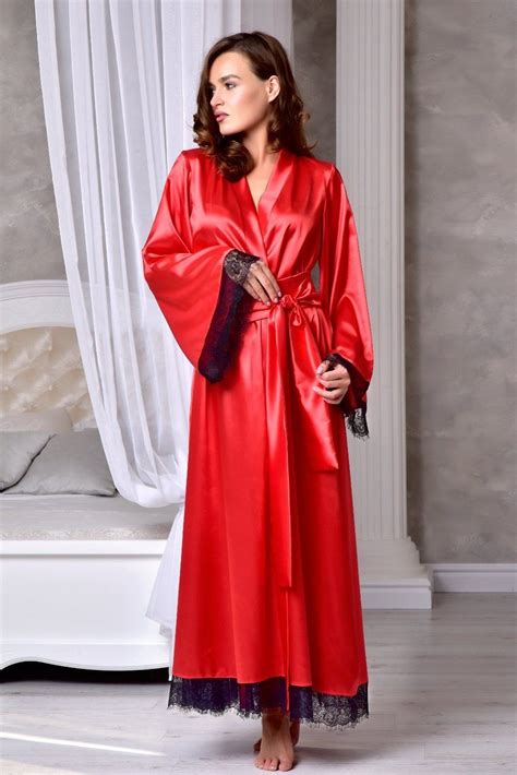 Red Long Bridal Robe With Lace Birthday T For Her Kimono Etsy In