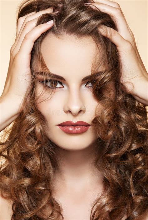 Beautiful Woman Touch Her Long Shiny Curly Hair Stock Images Image