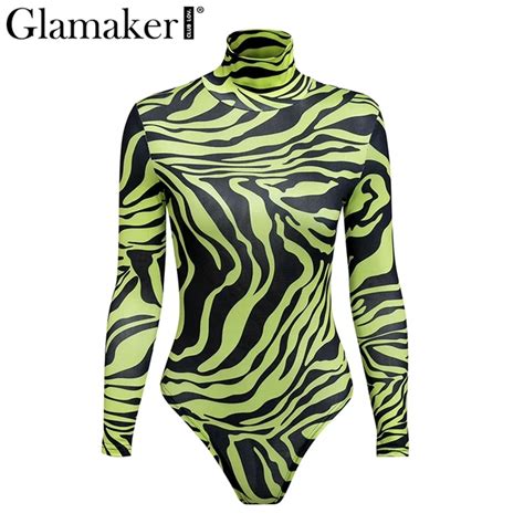 glamaker zebra print long sleeve bodysuit one piece women sexy turtleneck romper female elegant