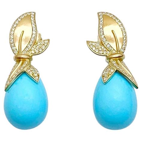Italian Turquoise And Diamond Drop Earrings K Yellow Gold Andreoli