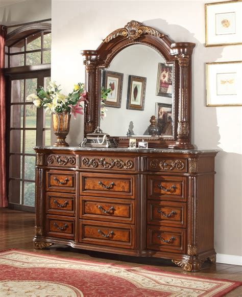 Antique luxury rococo european style wood bed room furniture bedroom set carved bed designs brown cherry finish wood veneers & solids curved & beveled front case panels decorative pull hand carved medieval canopy bed: Meridian Royal Post Canopy Bedroom Set in Cherry with Marble