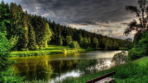 1920x1080 Wallpaper River Summer Bench Trees Nature Photography