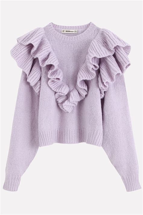 Light Purple Long Sleeve Round Neck Ruffles Trim Chic Pullover Sweater