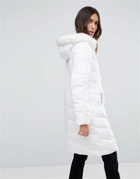 Asos Longline Puffer Coat With Faux Fur Trim Hood White Puffer Coat