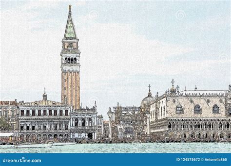 San Marco Square Drawing Venice Italy Stock Illustration