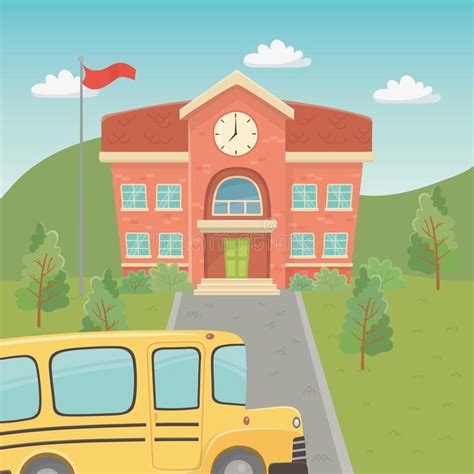 School Building And Bus In The Landscape Scene Stock Vector