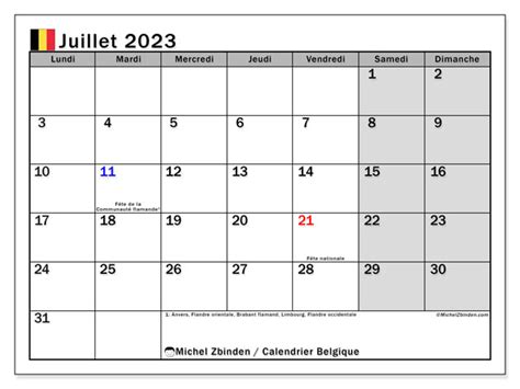 Calendrier Juillet 2023 Belgique Michel Zbinden Fr