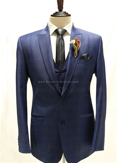 Blue Terry Wool Checkered Designer Men Suit Bennevis Fashion