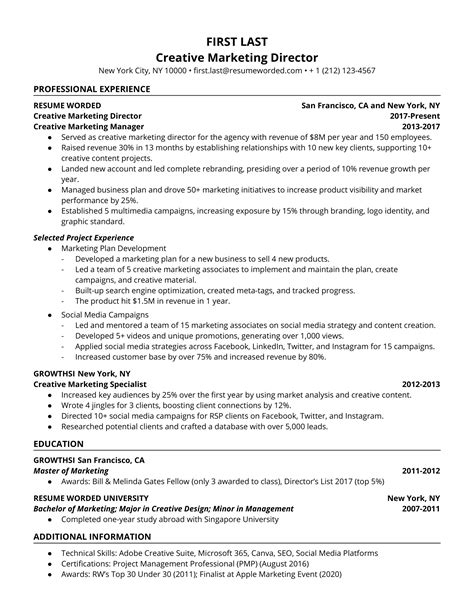 Creative Marketing Director Resume Example For 2023 Resume Worded