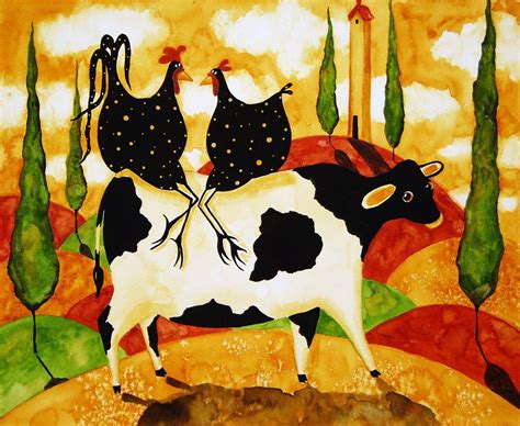 Hubbs Art Folk Prints Country Farm Animals Cow Fowls Chickens Whimsical