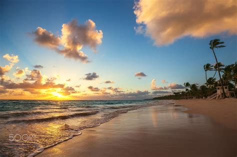 Landscape Of Paradise Tropical Island Beach Sunrise Shot