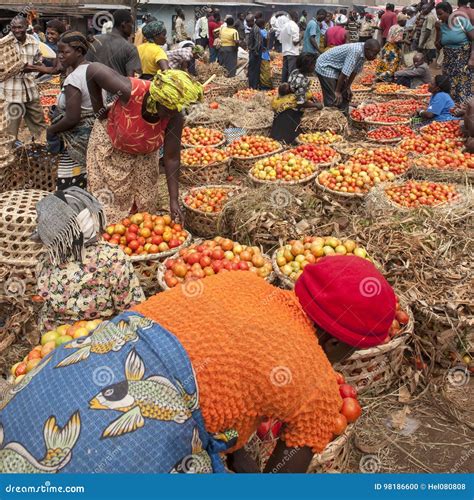 Women Selling Fresh Tomatoes On Street Market Uganda Traditional