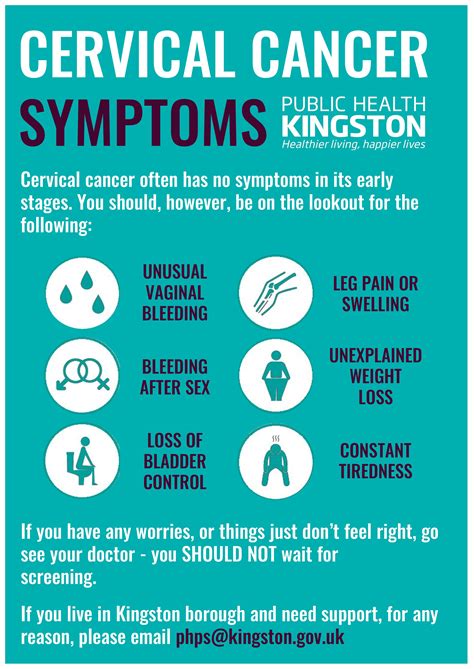 When symptoms do occur, the first signs may be abnormal bleeding, spotting, or watery discharge from the vagina. Join the fight against cancer by being symptom aware and ...