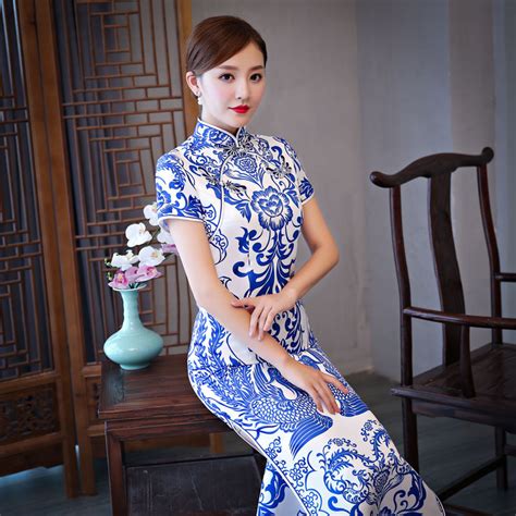 blue and white porcelain cheongsam long cheongsam etiquette cheongsam skirt chinese dress qipao