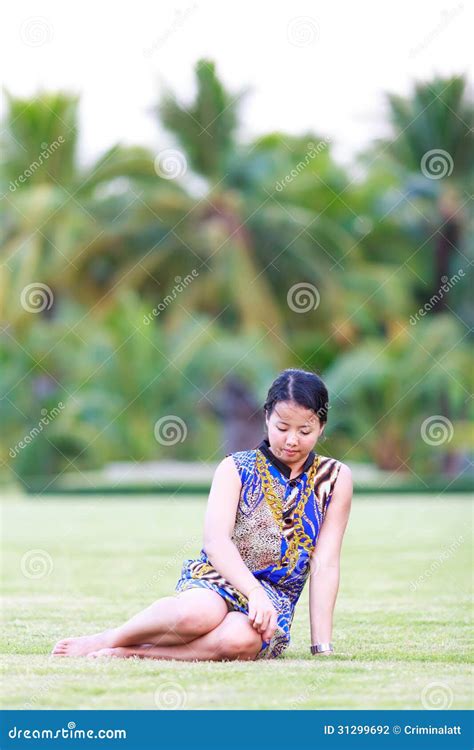 Asian Woman Sit On Ground In Park Stock Photo Image Of Beautiful