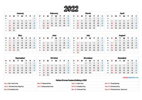 Months horizontally (along the top) days vertically (down the left and right sides) days of the week arranged in a line for easy week overview. 2022 Calendar with Holidays Printable - 6 Templates | Calendar printables, Yearly calendar ...