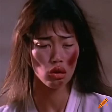 asian american female martial arts fighter with bruised face in 80s movie scene on craiyon