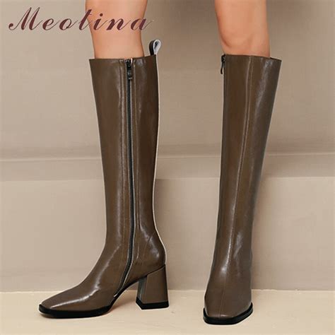 Meotina Women Genuine Leather Knee High Boots Square Toe Thick High Heel Zipper Lady Fashion