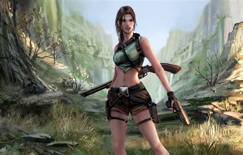 Wallpaper Girl Trees Pose Gun Shadow Gorge Tomb Raider Shotgun