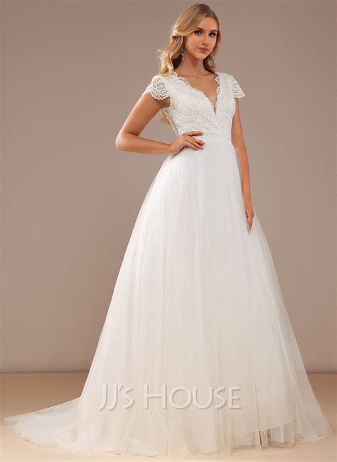 Ball Gownprincess V Neck Court Train Tulle Lace Wedding Dress With
