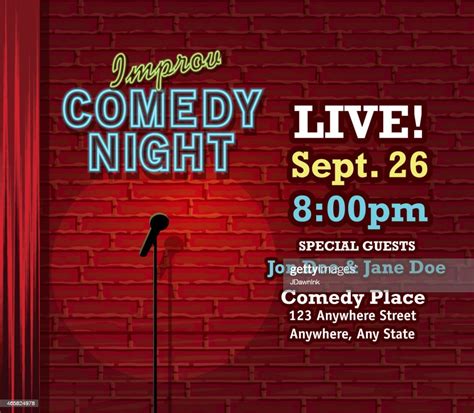 Improv Comedy Night Stage With Neon Sign And Brick Wall High Res Vector
