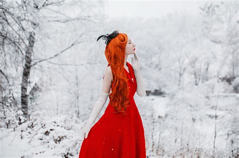 Beautiful Snow Maiden Girl With Red Hair On Winter Nature Beautiful