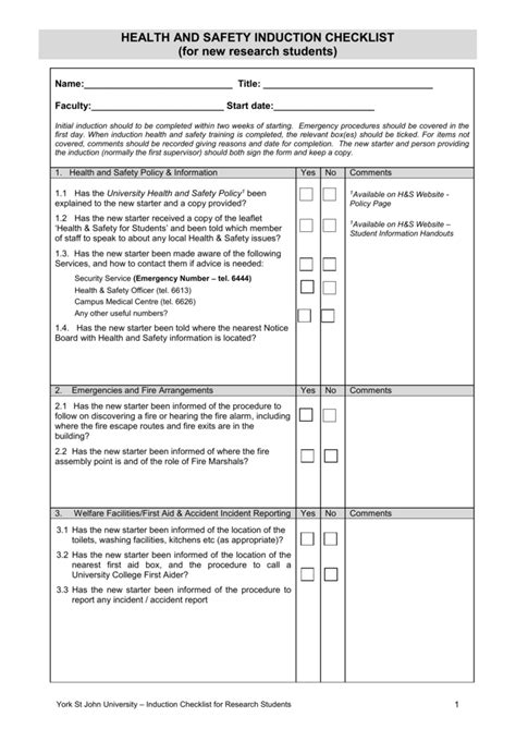 Health And Safety Induction Checklist Template Picshealth