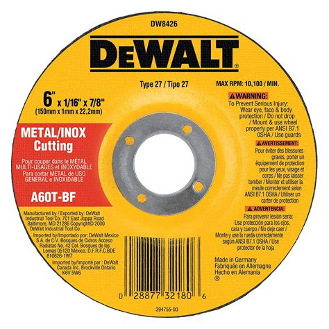 Dewalt Type 27 Cutting Wheel 6 In Dia 78 In 60 Grit Medium Grade
