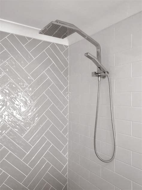 Double Stack Herringbone Feature Wall Bathroom Tiles Atlantis Light