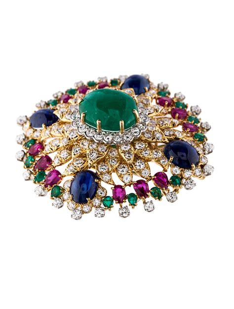 David Webb Diamond Emerald Ruby And Sapphire Brooch Brooches