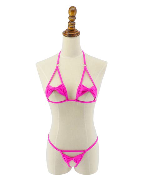 Fuchsia Bowknot Open Exposed Extreme Micro Bikini Crotchless G String Thong 2pc Sherrylo Swimwear